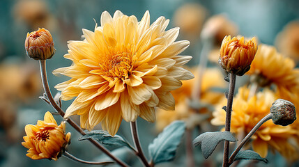 Realistic Yellow Chrysanthemum Scene with Cool Tones