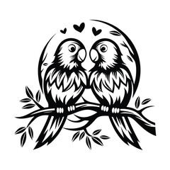 Stylized Black and White Two Parrots on Branch with Hearts Overlay
