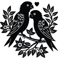 Silhouette Pair Lovebirds with a Heart and Floral Branches, Black and White Design