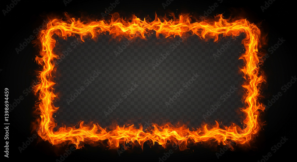 Poster a fiery rectangular frame ablaze with intense orange and yellow flames, creating a dynamic and power
