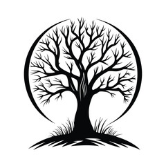 Silhouette Tree Within Circle, Bold Branches, Isolated on White, Minimalist Design