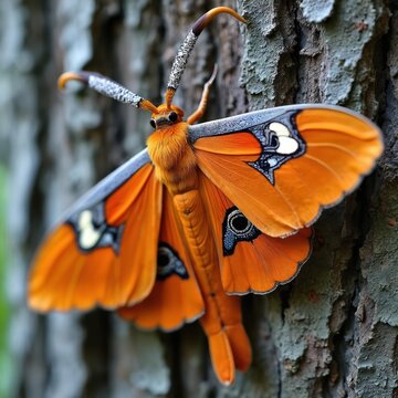 Regal Moth, Citheronia regalis, sits on oak tree bark. Giant silk moth with striking orange, white, black colors, antenna, fuzzy body. Wildlife close-up photo.