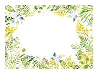 Obraz premium Hello Summer. Watercolor Leaves Frame and mimosa branches hand drawing. Not AI Vector illustration.