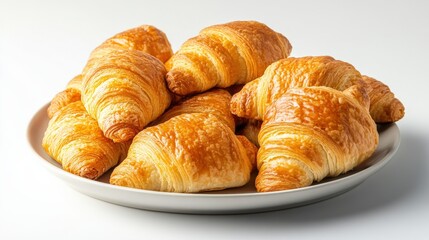 Freshly baked golden croissants arranged on a white plate, showcasing their flaky texture