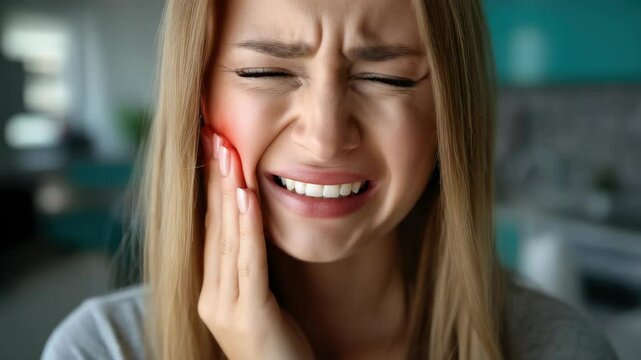 Cheek grip moment: tooth sting, mouth tenderness, nerve jolt, incisor pulse, dentist care, hygiene need, gum tension, oral issue, smile strain, dental crisis, health struggle, feminine ache.