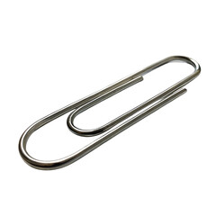 Single silver paper clip isolated on a transparent background, detailed close-up of metallic office stationery commonly used for binding papers together.