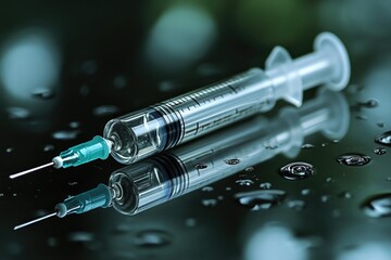 A medical syringe lying with its reflection on wet surface