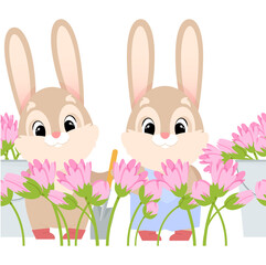 Easter seamless border with cute bunnies and flowers