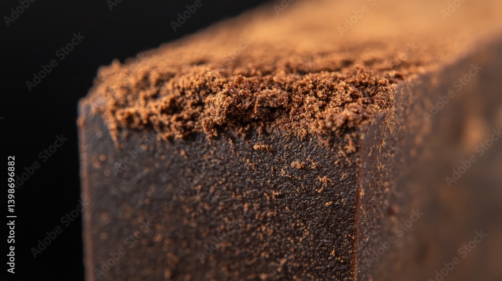 Poster detailed textures of a rich chocolate bar are illuminated from the side, highlighting the smooth int