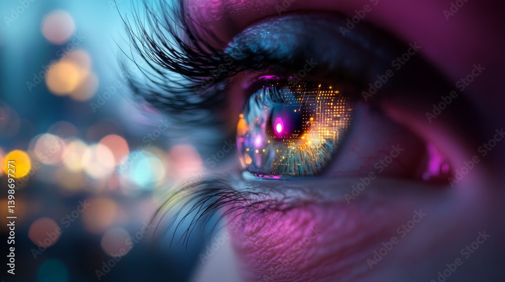 Aufkleber a detailed close-up of an eye reveals a glowing, circuit-filled iris with a high-tech overlay, mergi