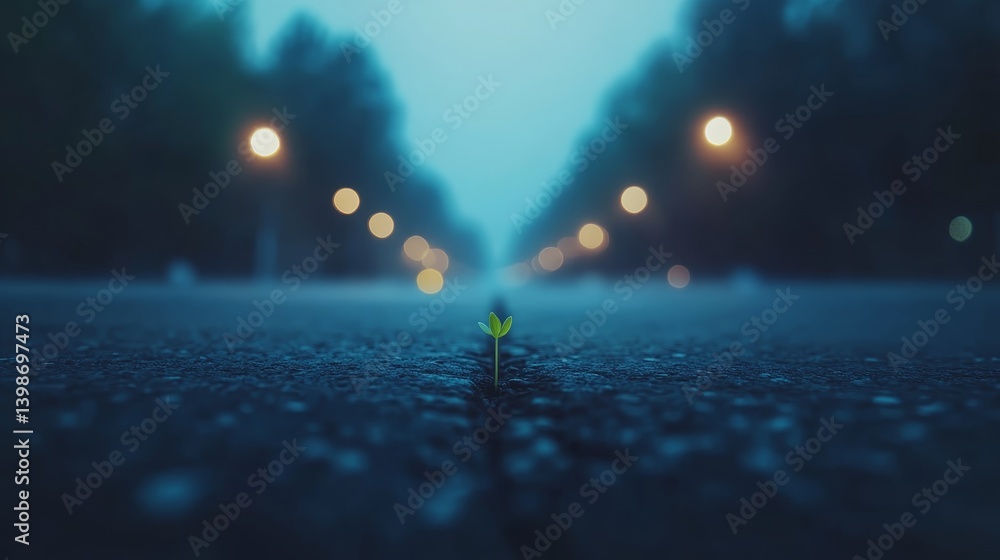 Poster a single green sprout emerges through a jagged crack in aged asphalt, illuminated by soft light that