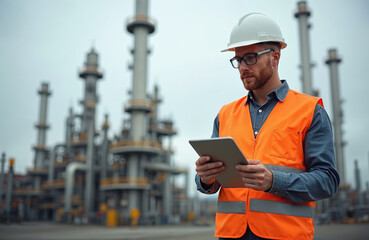Engineer with tablet in refinery. Professional worker wearing safety helmet, orange vest glasses. Oil industry, petroleum, petrochemical plant. Industrial job with crude oil, gas pipelines. Modern