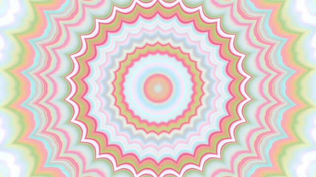 Groovy retro design mandala animated pattern 4K. Burst of transforming shapes of stars and flowers. Bouncing motion of zigzag lines curves wavy stripes in light blue soft green pink orange magenta red