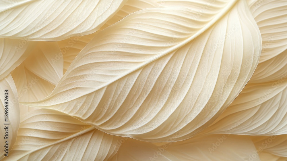 Poster delicate layers of cream-toned petals and leaves reveal intricate vein patterns and soft shadows, cr
