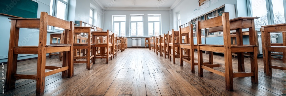 Poster empty classroom, back to school concept - rows of empty wooden desks and chairs in a bright classroo