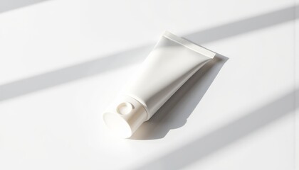 Fototapeta premium Minimalist white cream tube on a light background with shadows 