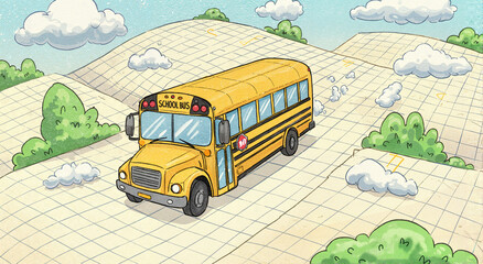 Cartoon school bus driving through a stylized landscape  