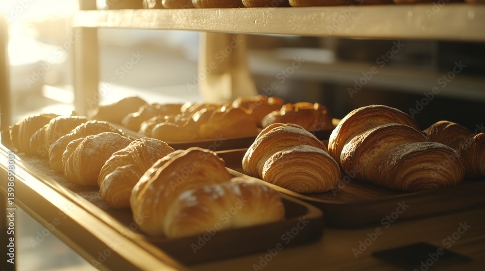 Poster golden morning light highlights an array of freshly baked croissants and sourdough loaves in a rusti