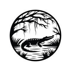 Silhouette of Alligator in Water within Round with Overhanging Trees