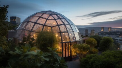 Fototapeta premium Glassdomed urban greenhouse lush plant life under sleek modern architecture ambient city lights twinkling beyond soft twilight sky peaceful retreat v ar Image