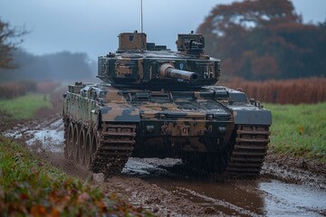 Fototapeta premium A military armored tank traversing a muddy offroad terrain under overcast skies