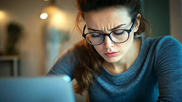 A close-up of a woman&rsquo;s face, her eyes tired and stressed, as she reviews her finances on a laptop, with bills scattered on the desk and an empty coffee mug beside her.