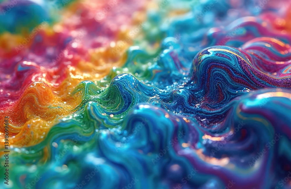 Poster Psychedelic abstract art fluid soap bubble. Colorful surreal patterns with rainbows and waves of color in motion. Experiment with liquid ink texture, vibrant surface decorations.