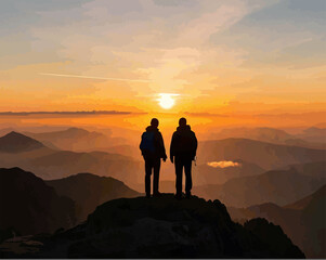 Fototapeta premium illustration of two friends above a mountain view