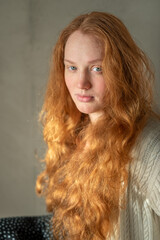 Naklejka premium Ginger Red Hair Rehead Caucasian White Woman Posing Indoors With Soft Natural Lighting