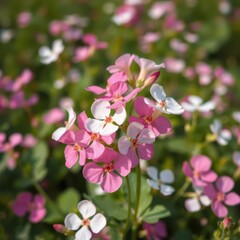 Delicate white and pink Bacopa monnieri blossoms in a field, aromatic, vibrant pink petals, medicinal plant, vibrant
