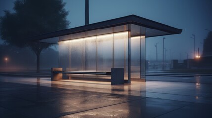 Minimalist urban bus stop sleek metallic benches ambient city lights dynamic reflections on polished concrete soft twilight hues highdetail architecture v ar Image