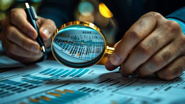 Financial Analysis: Close-up of Hands Examining Documents with Magnifying Glass