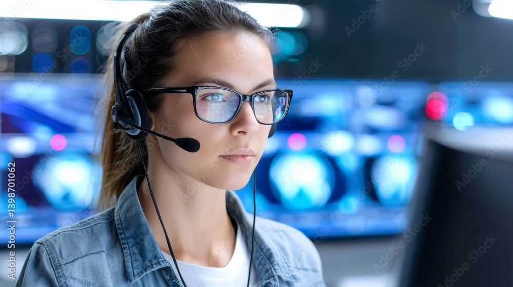 Poster focused it specialist monitoring system - a concentrated it professional wearing a headset, meticulo