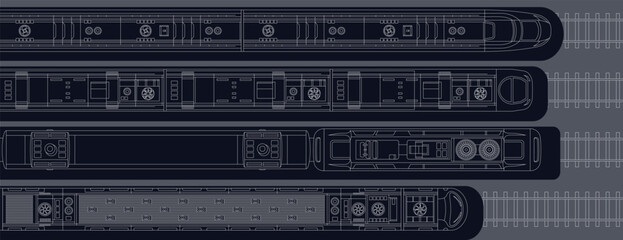 Trains set top view. View from above. Modern high-speed express passenger train. Locomotive with wagons on the railroad. Railway station. Vector illustration. Realistic design. Outline.