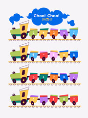 Fototapeta premium Colorful tractor with trailers. Educational game with numbers for children. Vector illustration. Bright colors. Cute toy for kids. Flat design. Simple shapes. Study of counting, arithmetic, math.