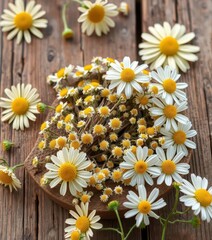 Obraz premium Dried chamomile sprigs on rustic wooden surface, surrounded by fresh chamomile flowers, tranquility, spa, summer
