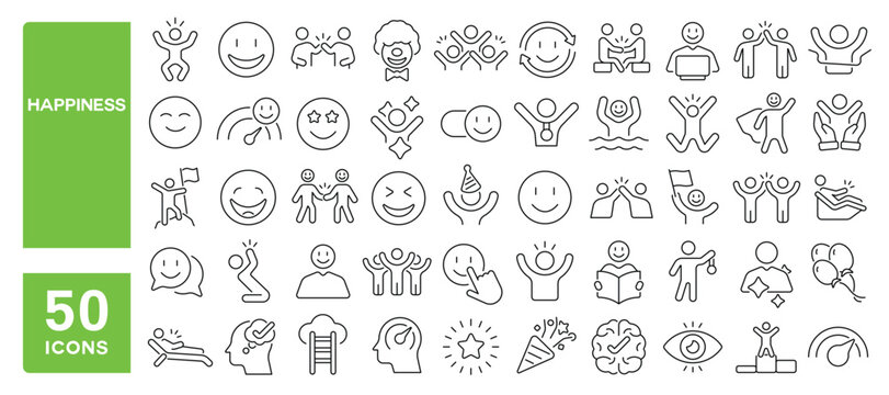 Set of 50 line icons related to happiness, laugh, joy, happy, satisfaction, cheer, optimism, fun, celebration, enjoy, smile, Editable stroke. Vector illustration