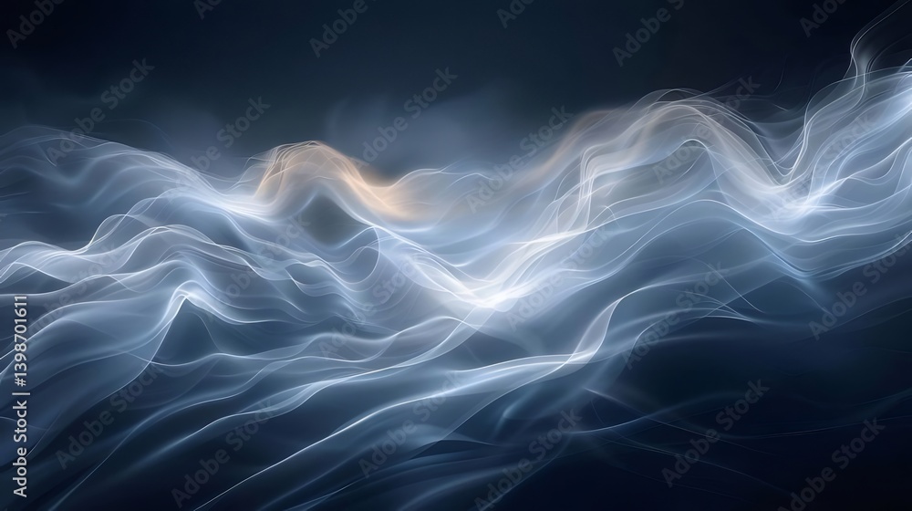 Poster abstract flowing light waves with bright glowing particles creating a futuristic blue textured backg