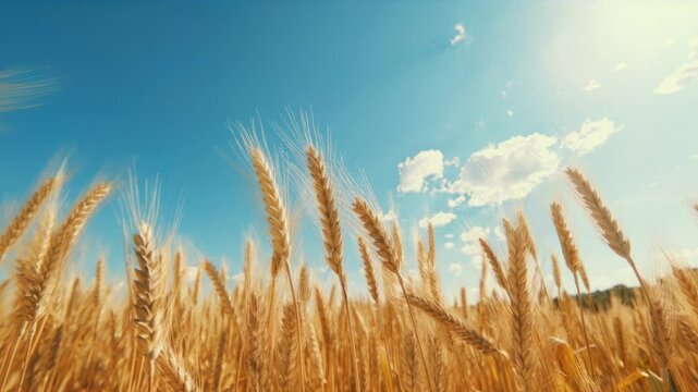 Low-angle video of golden wheat fields under a bright blue sky with clouds, capturing the essence of summer and nature's bounty. Live desktop wallpaper.
