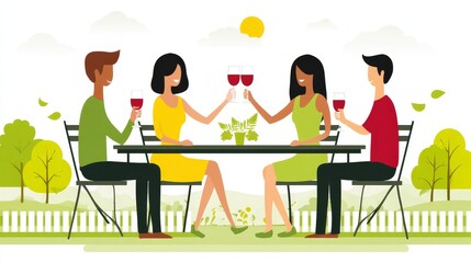 Fototapeta premium Friends Enjoying Wine in Garden - Four friends are sitting at a table outside, enjoying wine and good company in a sunny garden setting