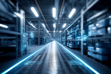 Futuristic Retail Warehouse: Digitalization and Technology - A vision of advanced warehousing, showcasing automation, inventory, smart logistics, data-driven efficiency, and operations