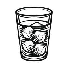 Black and White Outlined Glass Filled with Ice Cubes, Simple Silhouette Style Design 84c