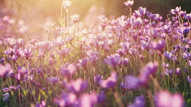 Dreamy video scene of a sunlit flower field with a soft focus. Low angle captures delicate blooms bathed in warm, golden light. Live desktop wallpaper.