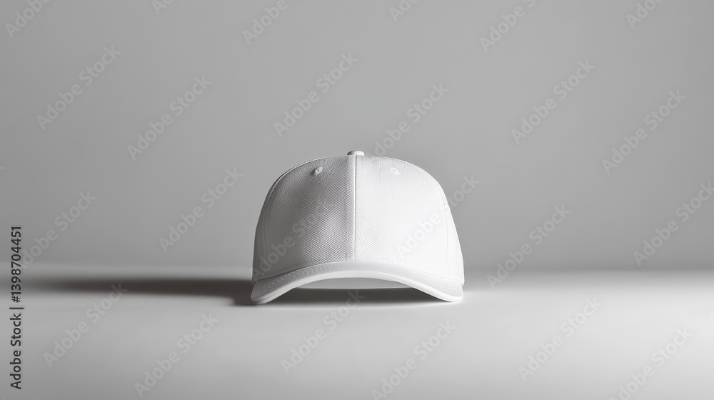 Poster Plain white baseball cap positioned to showcase its front and side views on a seamless white background, ideal for emphasizing branding and logo designs