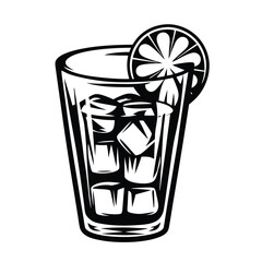 Monochrome Art of Glass with Ice Cubes and Citrus Slice | Black and White Icon Style