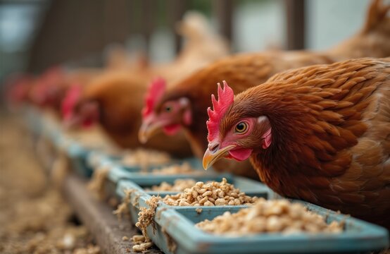 Close-up of chickens eating from feeder. Focus on hens heads, red crests, brown feathers, yellow eyes. Healthy poultry on organic farm. Rural scene, agriculture, natural food. High quality poultry