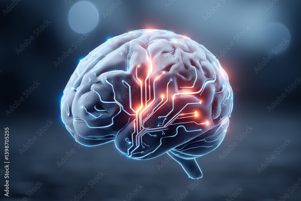 Poster glowing brain circuitry pathways - a of a human brain with glowing circuit pathways. symbolizing int