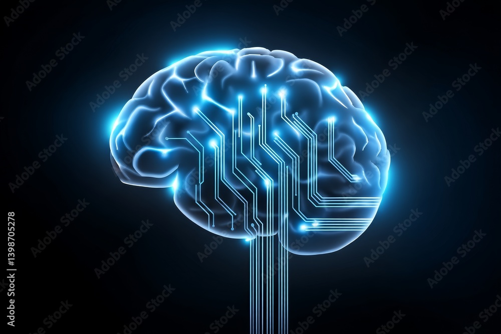 Poster glowing brain circuitry pathways - brain, glowing circuits, neural network, artificial intelligence,