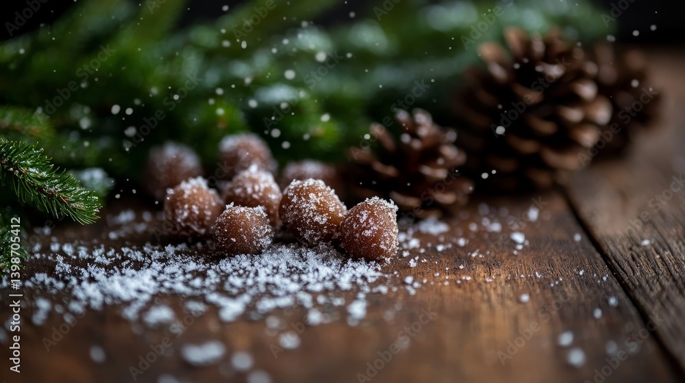 Poster pinecones and evergreen branches are artistically arranged on a wooden surface, dusted with light sn