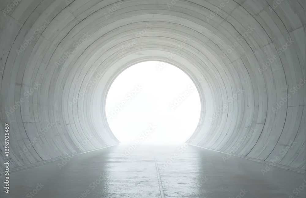 Poster tunnel interior with bright exit circle. concrete construction architecture. abstract modern design.
